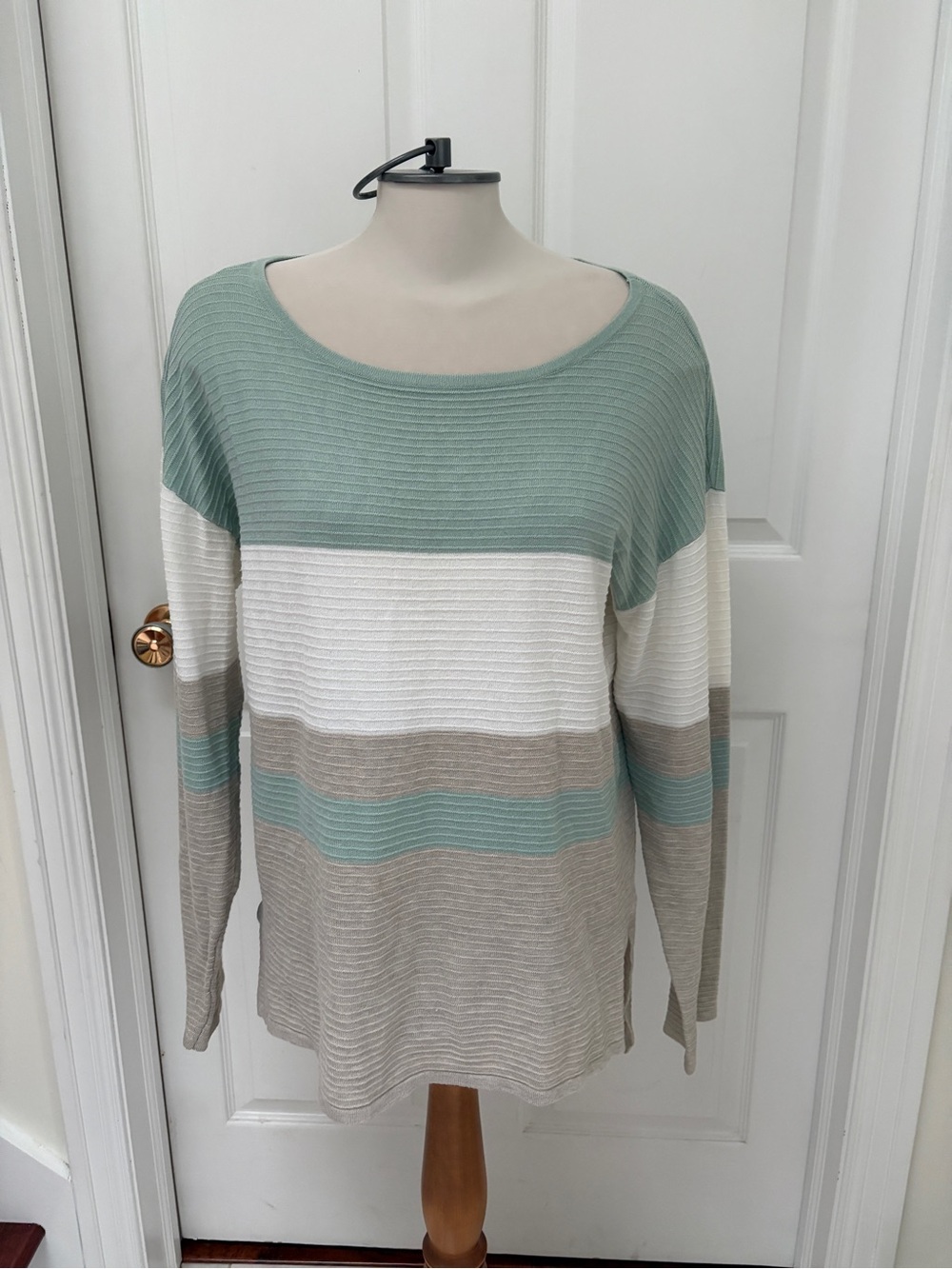 89th & Madison Scoop Neck Striped Sweater in Sage, White & Taupe